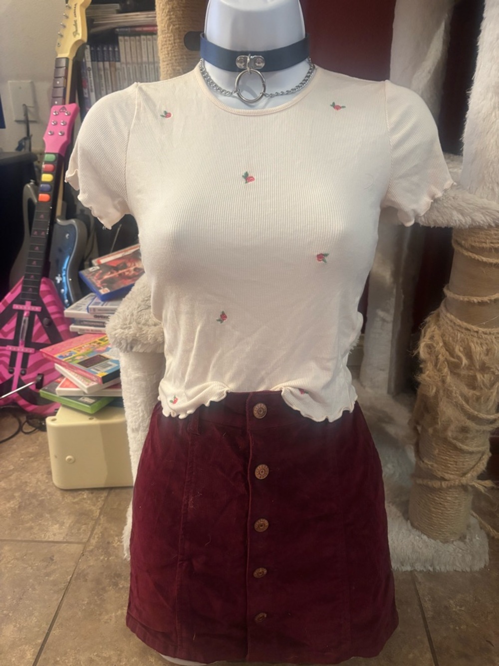 Hollister Cream Ribbed Crop Top with Tiny Red Floral Embroidery